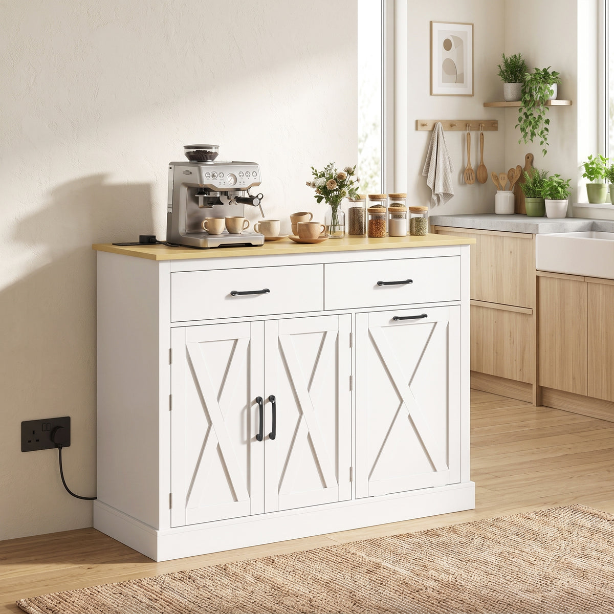HOMCOM Tilt Out Trash Cabinet with Charging Station, Kitchen Island with Storage, 57 Liter Hidden Rubbish Bin Storage, White