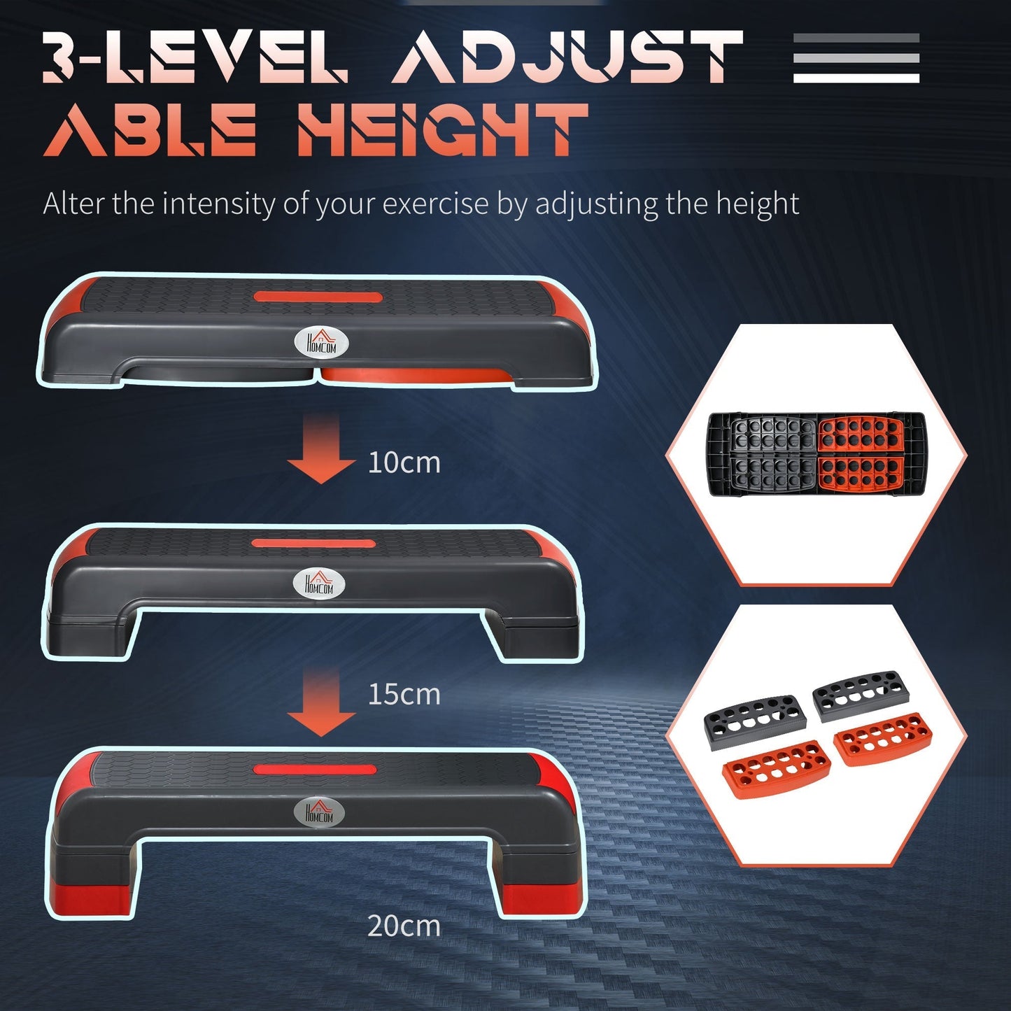 HOMCOM Aerobic Step, 10cm, 15cm & 20cm Height Adjustable Exercise Stepper for Exercise Workout, Nonslip Step Board Great for Home & Office, Grey and Red