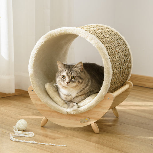 PawHut Raised Cat House, z drapakiem - beżowy