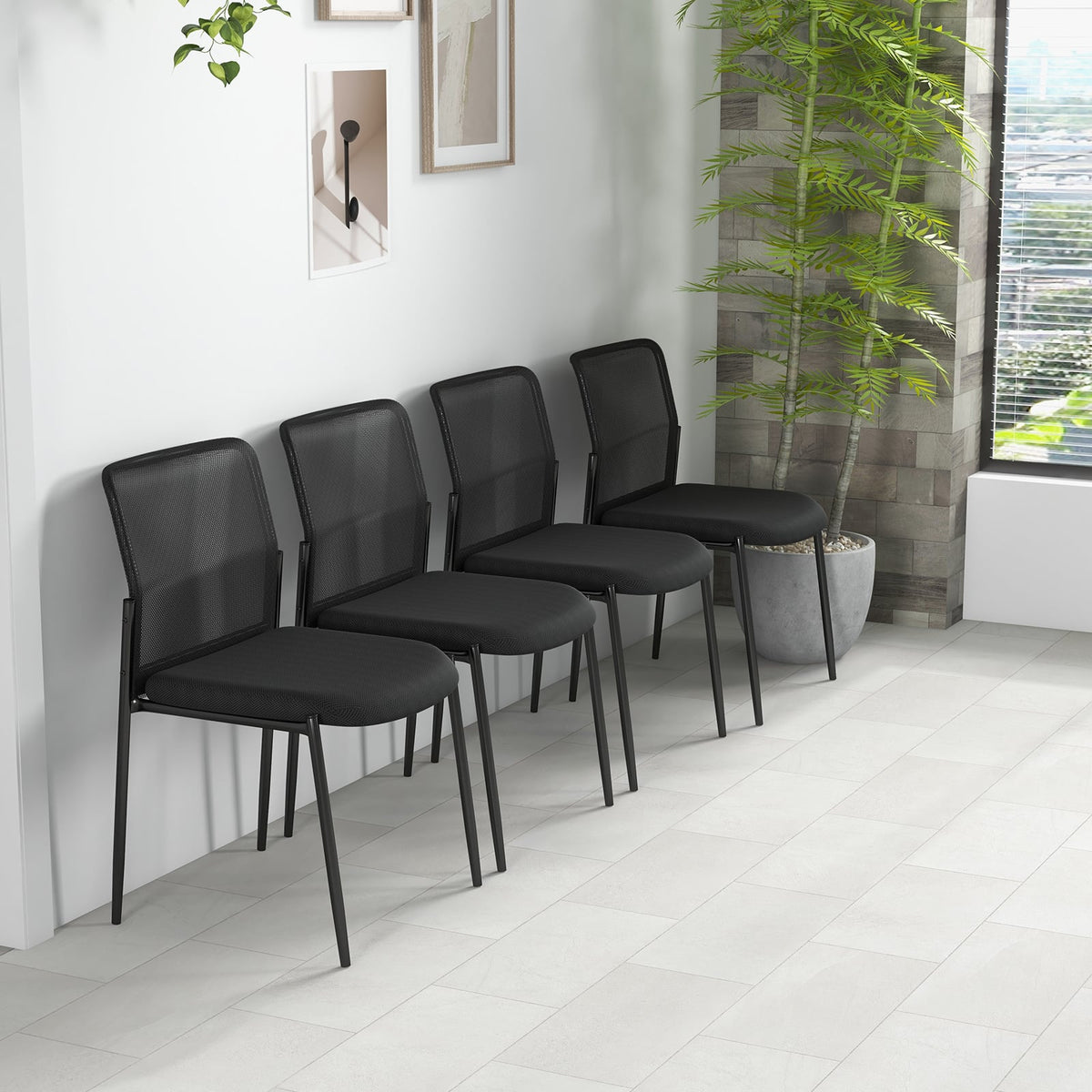 Waiting Room Chair Set of 4 with Ergonomic Mesh Backrest and Padded Seat-Black