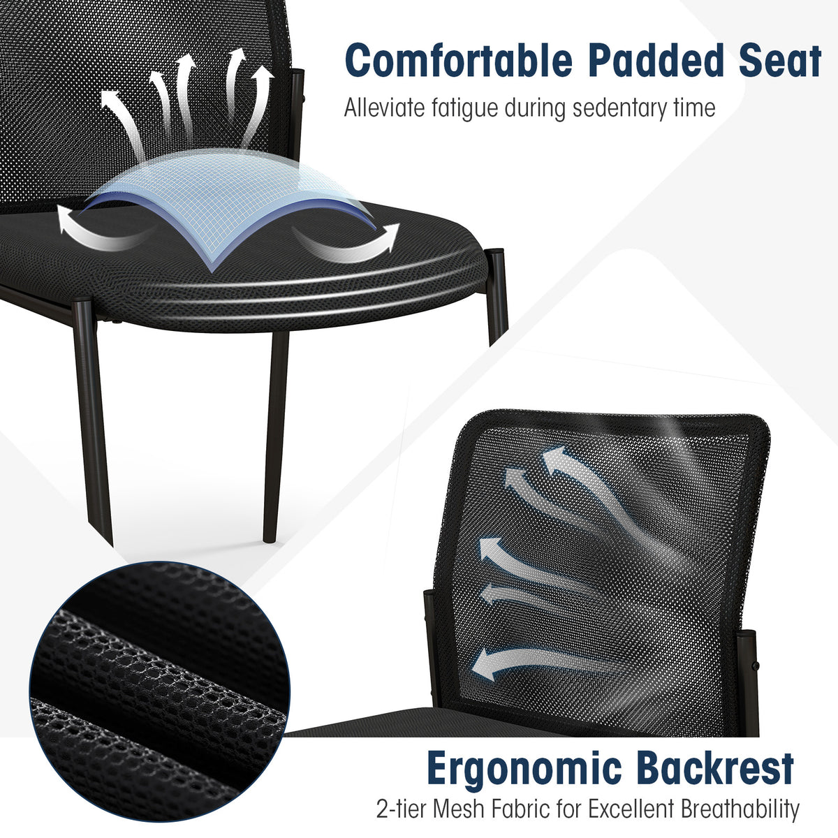 Waiting Room Chair Set of 6 with Ergonomic Mesh Backrest and Padded Seat-Black