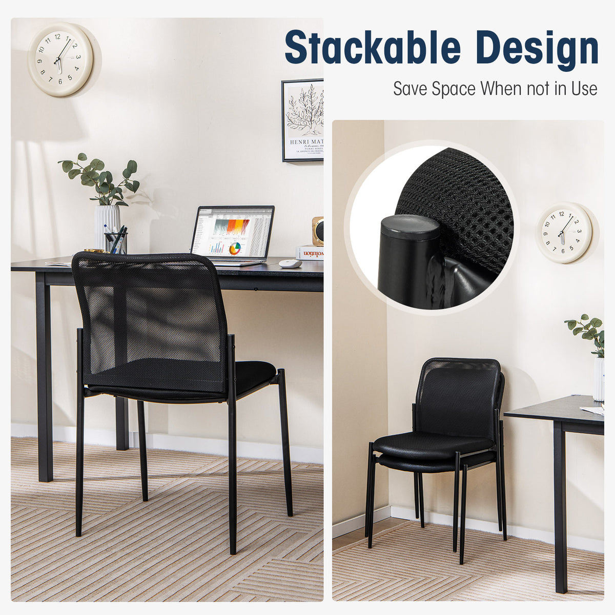 Waiting Room Chair Set of 6 with Ergonomic Mesh Backrest and Padded Seat-Black