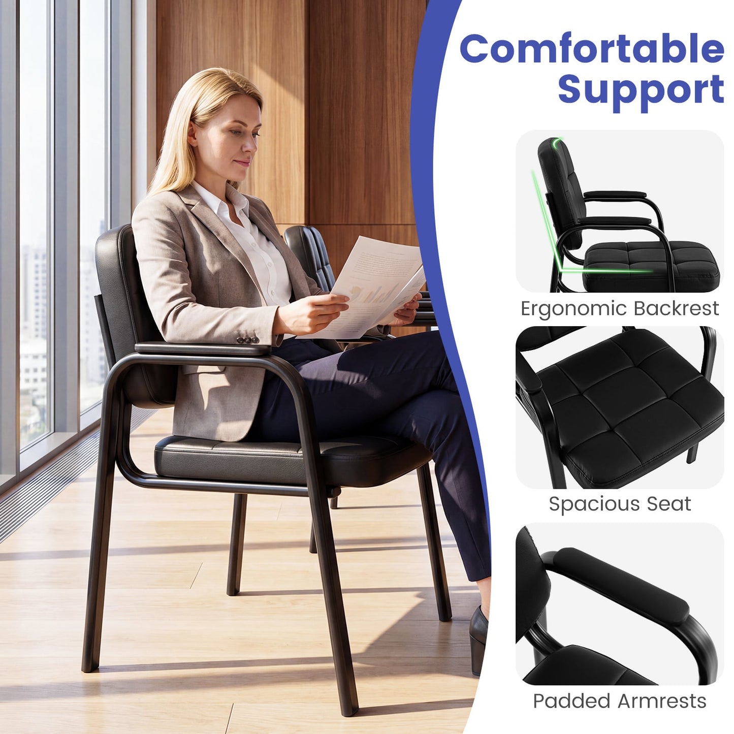 Waiting Room Guest Chairs Set of 4 with Padded Armrests-Black