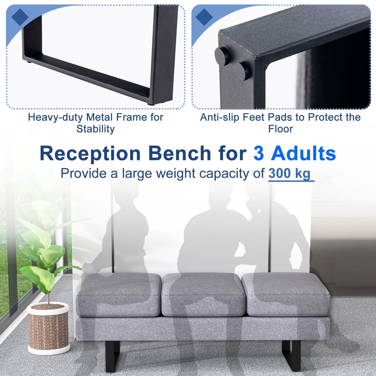 Waiting Room Bench Seating with 3 Seats and Metal Frame Leg-Grey