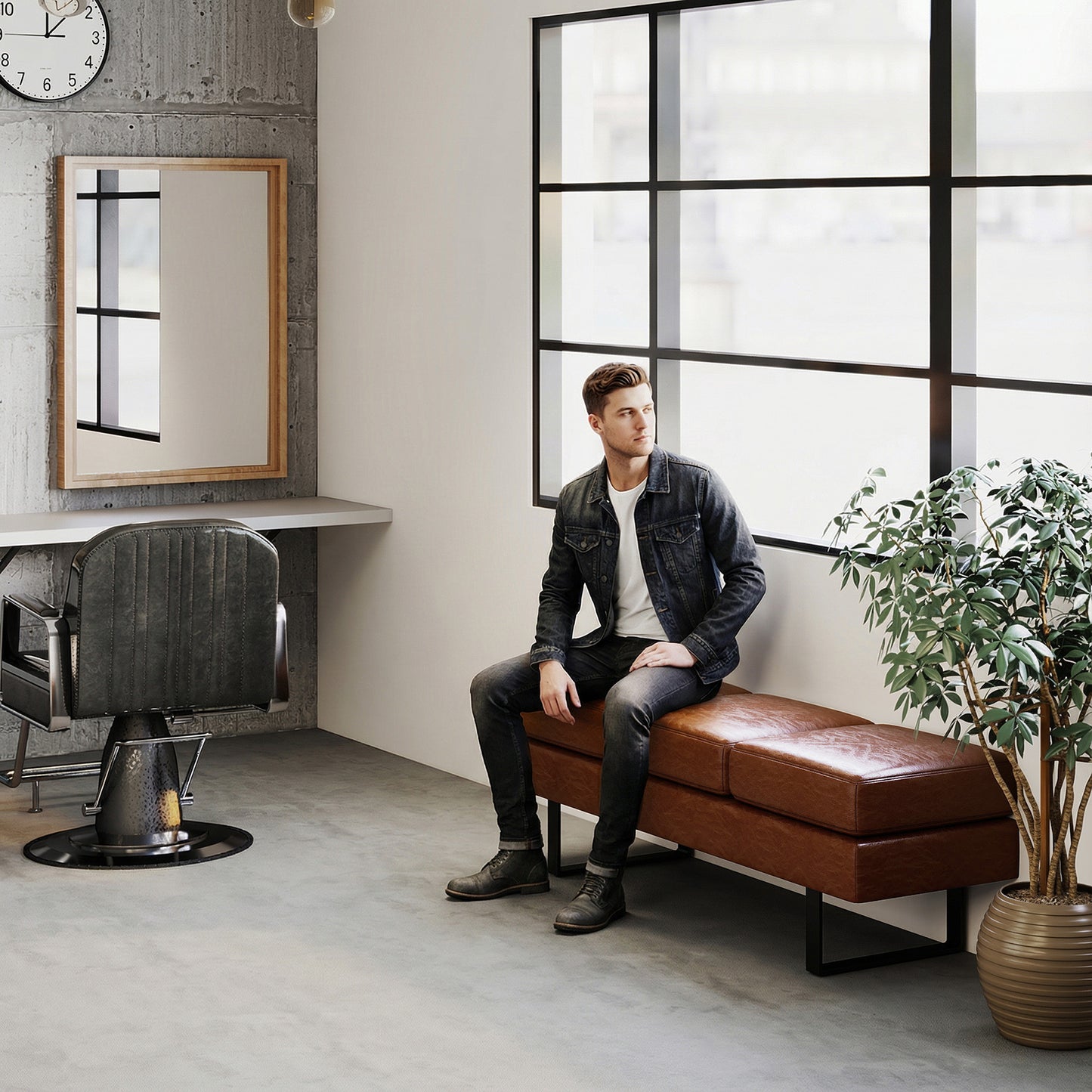 Waiting Room Bench Seating with 3 Seats and Metal Frame Leg-Brown