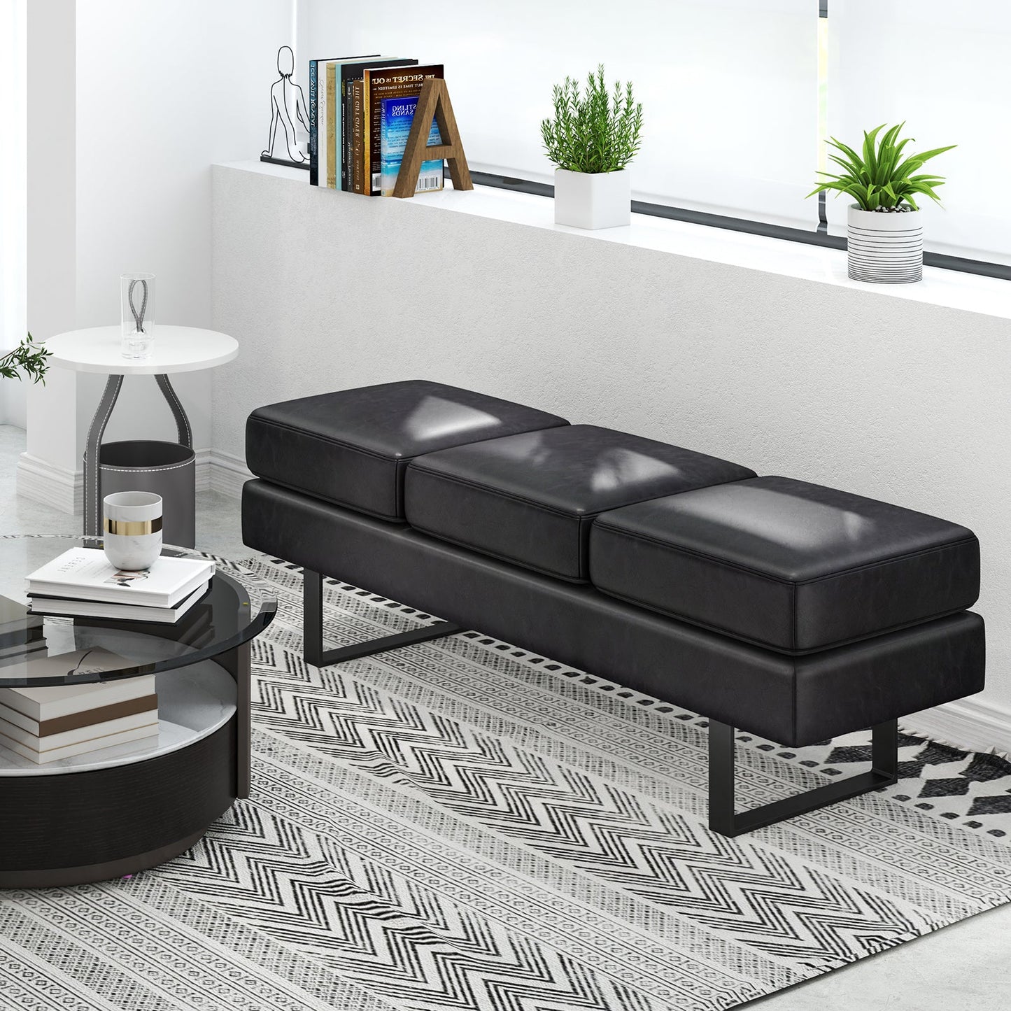 Waiting Room Bench Seating with 3 Seats and Metal Frame Leg-Black