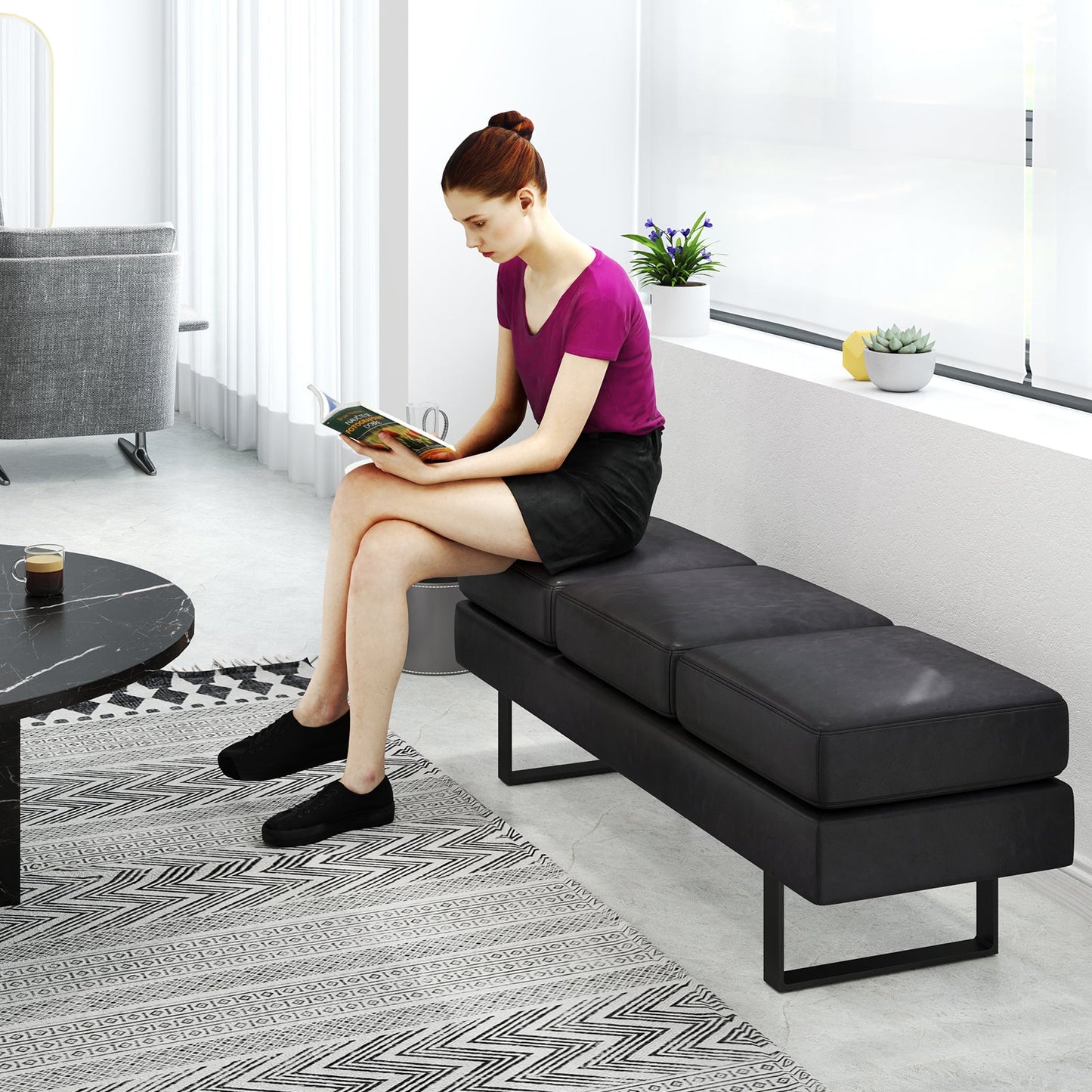 Waiting Room Bench Seating with 3 Seats and Metal Frame Leg-Black