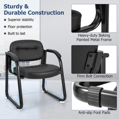 Set of 2 Waiting Room Chairs with Sled Base and Padded Arm Rest-Black