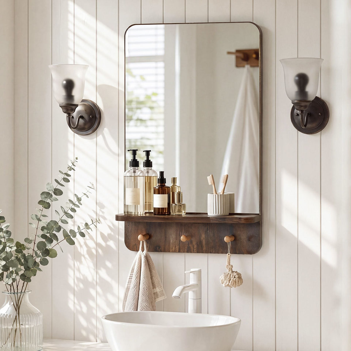 Wall Mirror with Shelf and 3 Hooks 39.5 x 60 CM Wooden Frameless Decorative Mirror-Brown