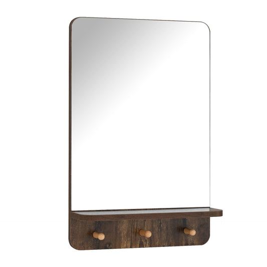 Wall Mirror with Shelf and 3 Hooks 39.5 x 60 CM Wooden Frameless Decorative Mirror-Brown