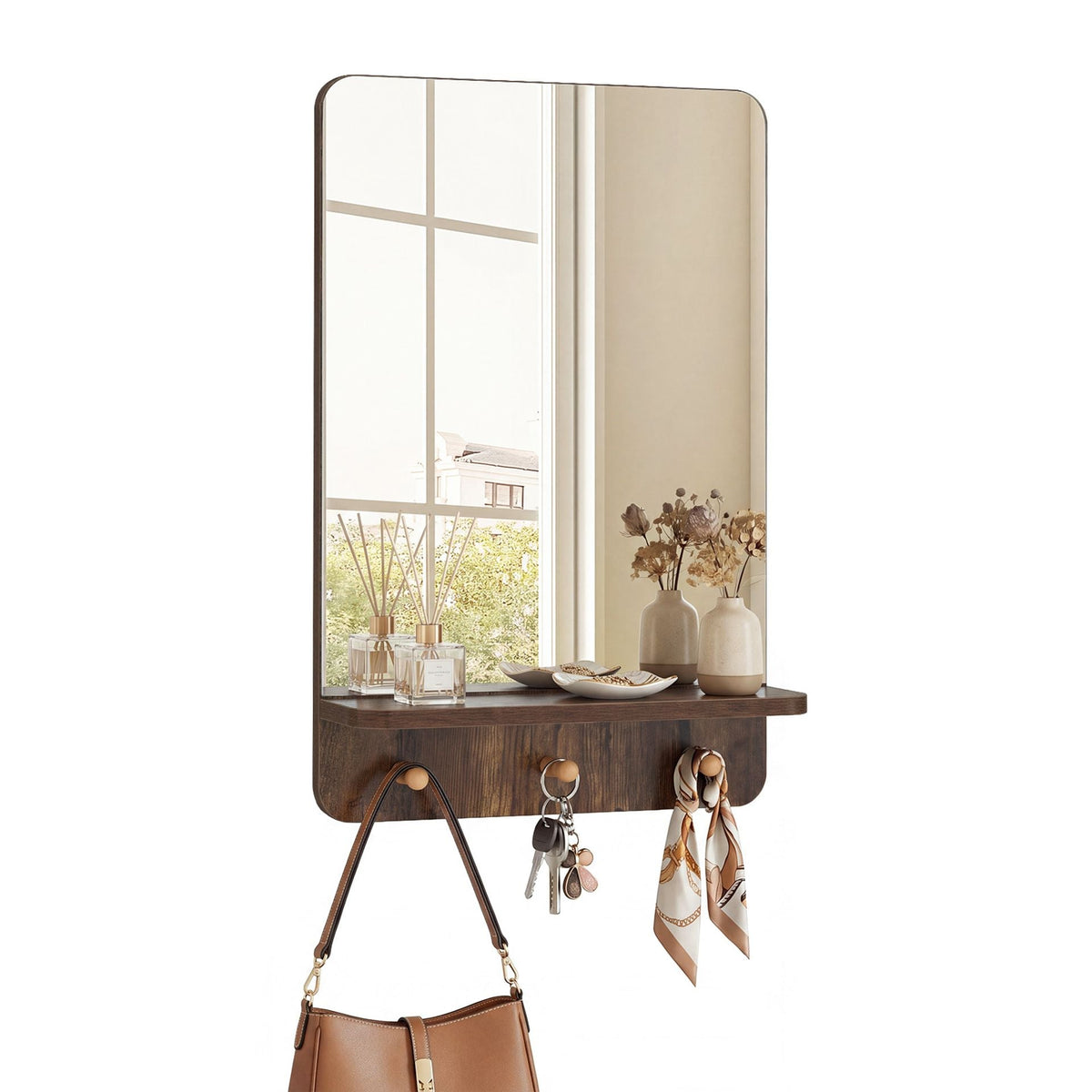 Wall Mirror with Shelf and 3 Hooks 39.5 x 60 CM Wooden Frameless Decorative Mirror-Brown