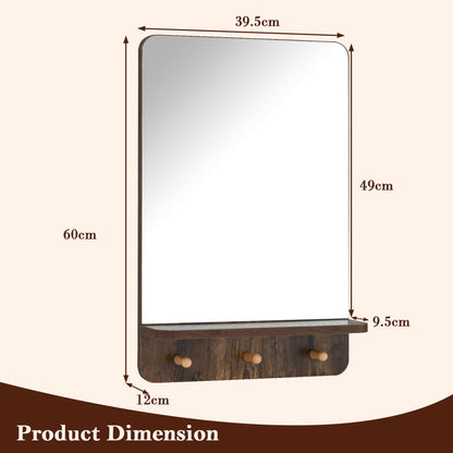 Wall Mirror with Shelf and 3 Hooks 39.5 x 60 CM Wooden Frameless Decorative Mirror-Brown