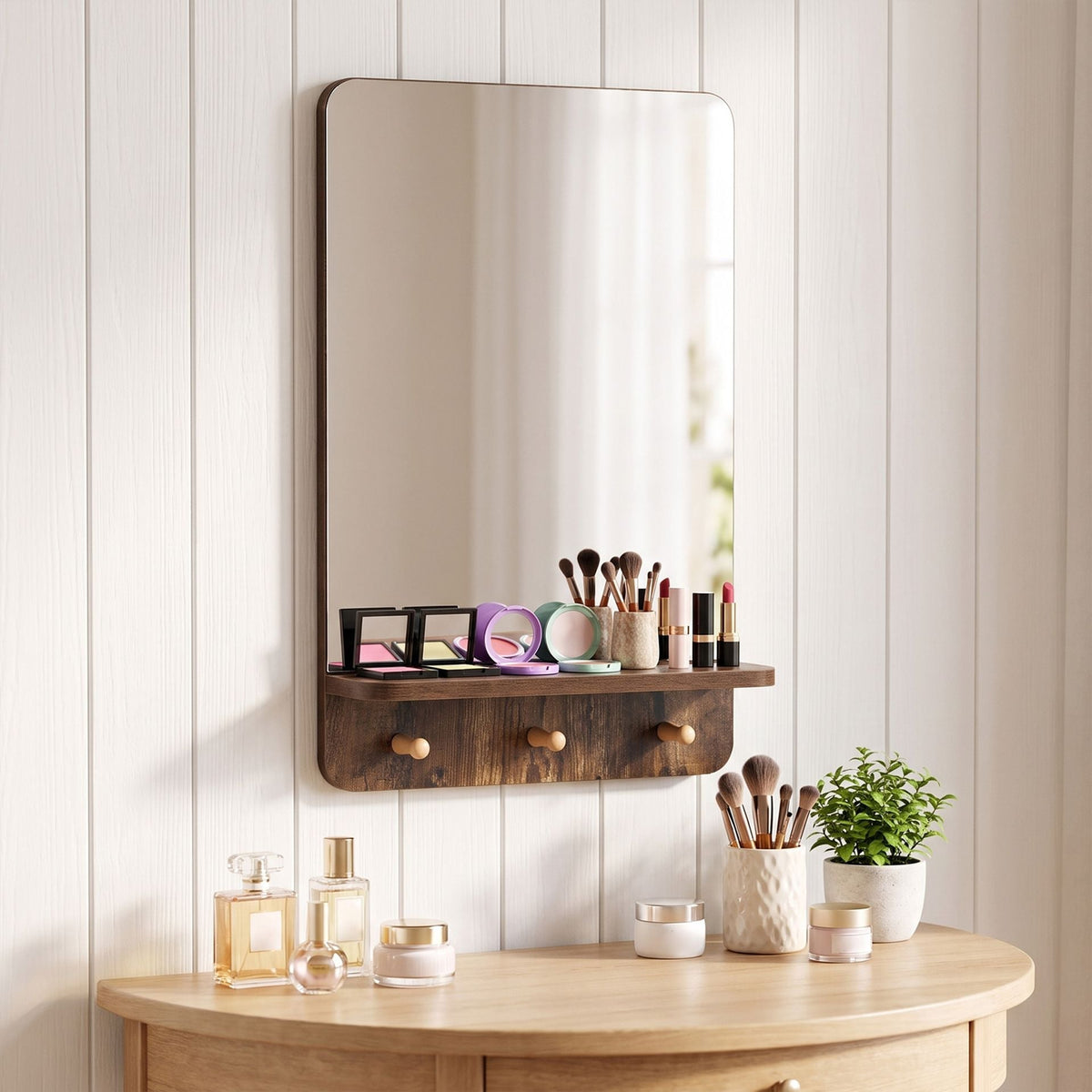 Wall Mirror with Shelf and 3 Hooks 39.5 x 60 CM Wooden Frameless Decorative Mirror-Brown