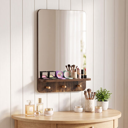 Wall Mirror with Shelf and 3 Hooks 39.5 x 60 CM Wooden Frameless Decorative Mirror-Brown