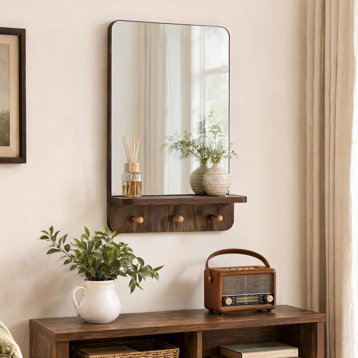 Wall Mirror with Shelf and 3 Hooks 39.5 x 60 CM Wooden Frameless Decorative Mirror-Brown