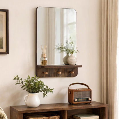 Wall Mirror with Shelf and 3 Hooks 39.5 x 60 CM Wooden Frameless Decorative Mirror-Brown
