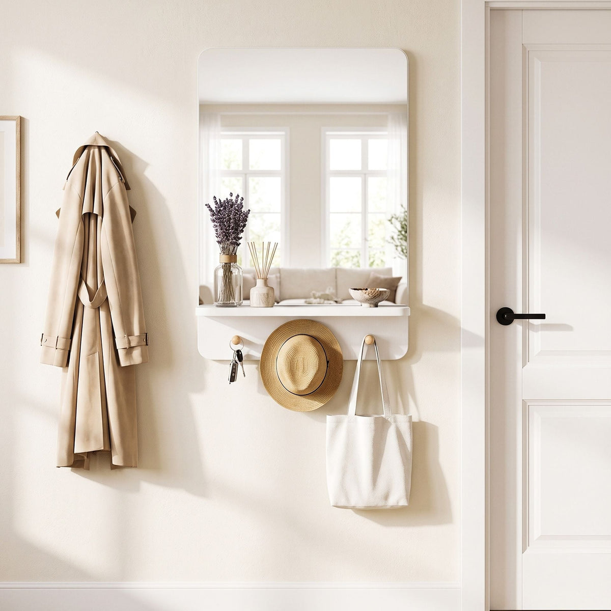 Wall Mirror with Shelf and 3 Hooks 39.5 x 60 CM Wooden Frameless Decorative Mirror-White