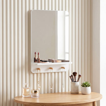 Wall Mirror with Shelf and 3 Hooks 39.5 x 60 CM Wooden Frameless Decorative Mirror-White