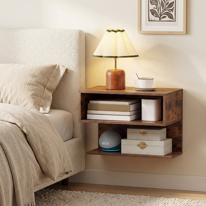 Wall Mounted Bedside Table with Storage Shelves-Rustic Brown