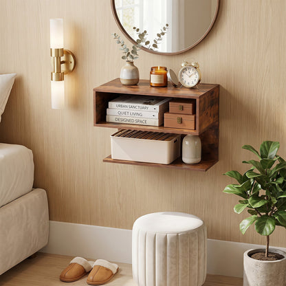 Wall Mounted Bedside Table with Storage Shelves-Rustic Brown