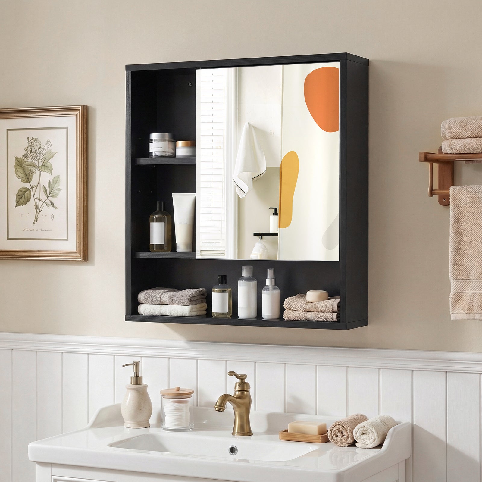 Wall Mounted Storage Organizer with Mirror for Bathroom-Black