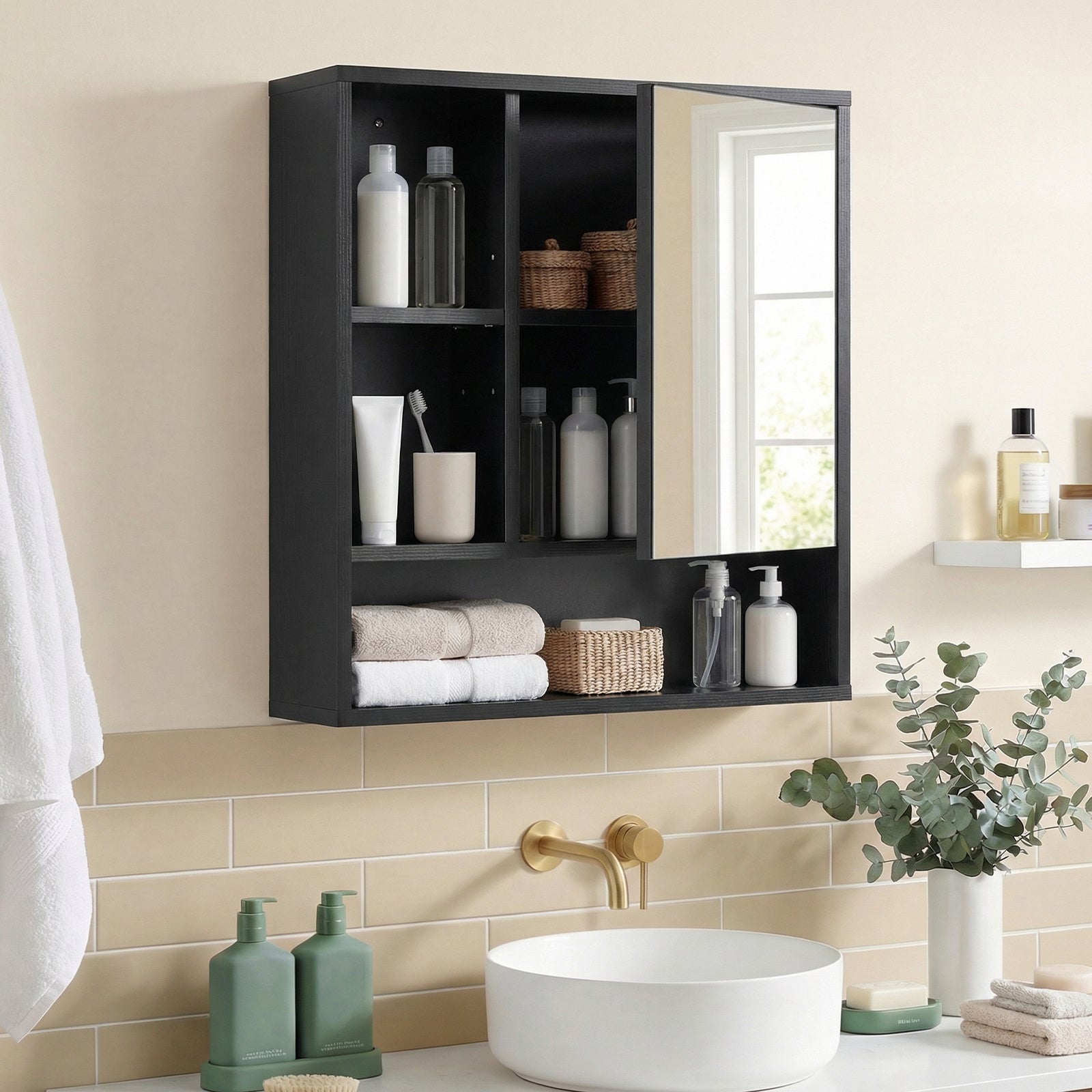 Wall Mounted Storage Organizer with Mirror for Bathroom-Black