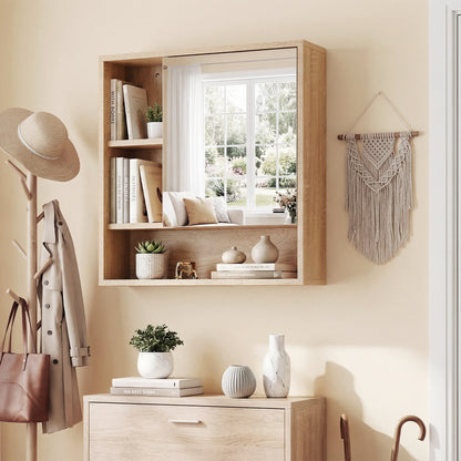 Wall Mounted Storage Organizer with Mirror for Bathroom-Natural
