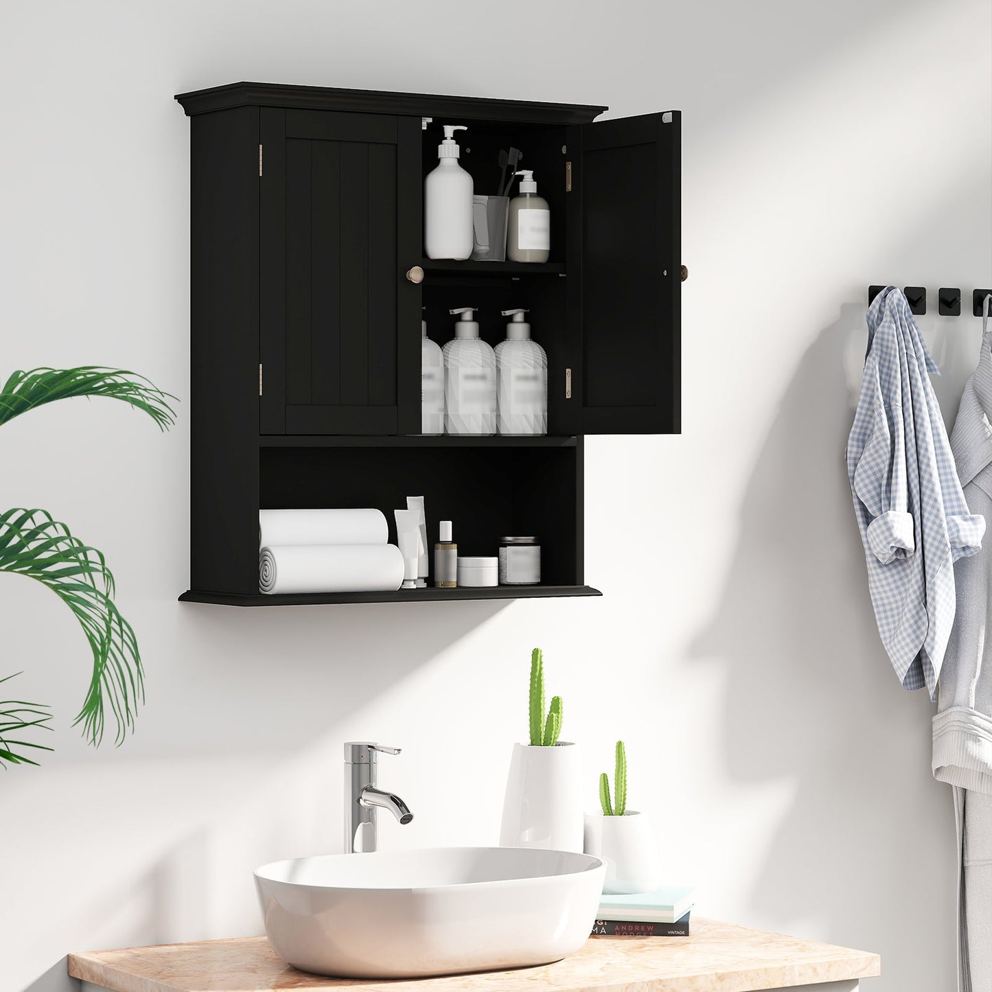 Wall Mount Bathroom Cabinet Storage Organizer with Doors and Shelves-Black