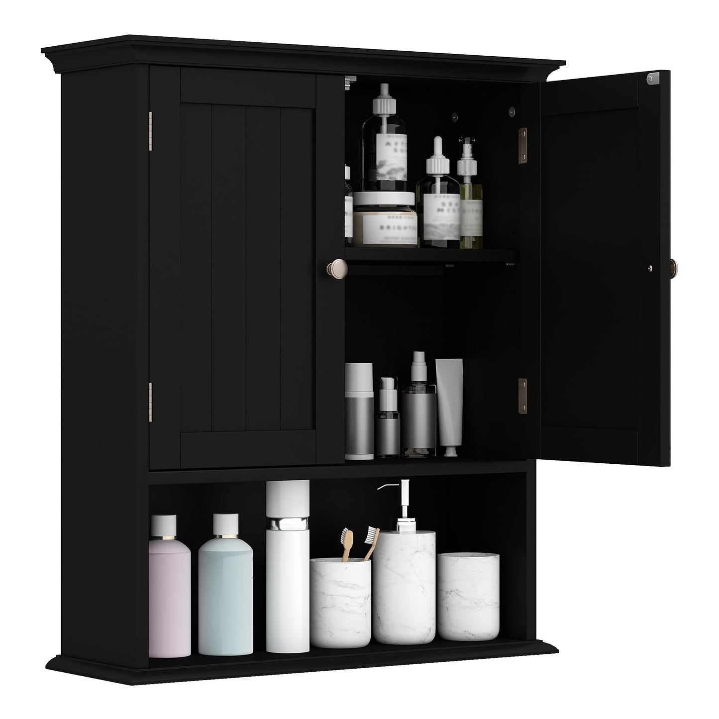 Wall Mount Bathroom Cabinet Storage Organizer with Doors and Shelves-Black