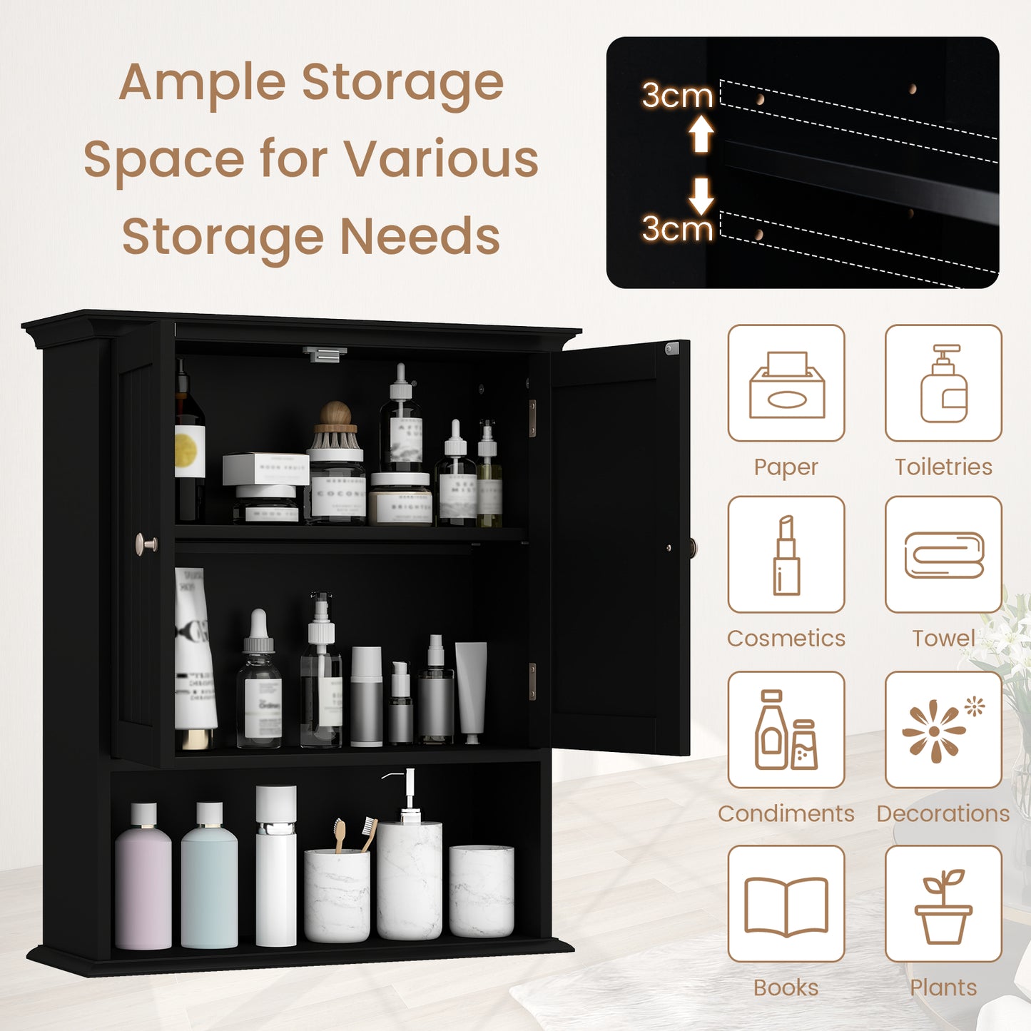 Wall Mount Bathroom Cabinet Storage Organizer with Doors and Shelves-Black