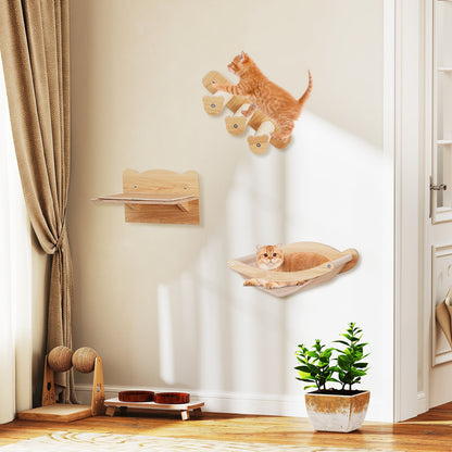 Wall Mounted 4pcs Cat Furniture Set with Hammock and Non-slip Carpet Mat-Natural