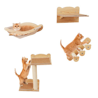 Wall Mounted 4pcs Cat Furniture Set with Hammock and Non-slip Carpet Mat-Natural