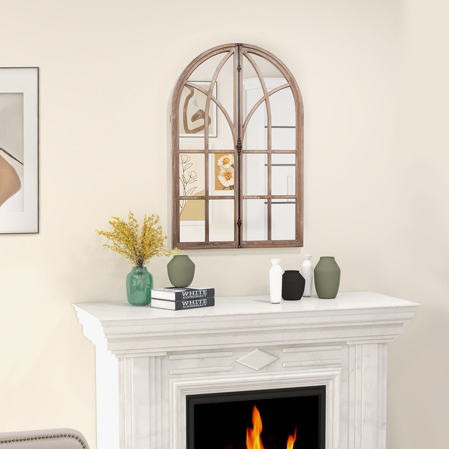 Wall Mounted Arched Window Pane Mirror-Natural