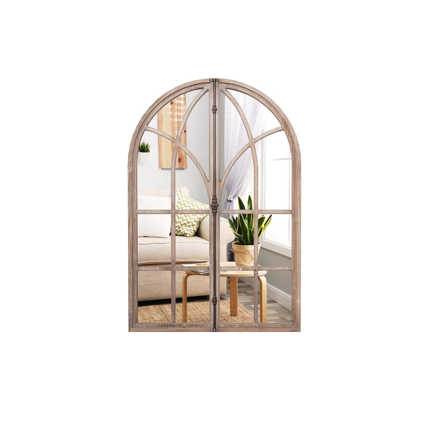 Wall Mounted Arched Window Pane Mirror-Natural