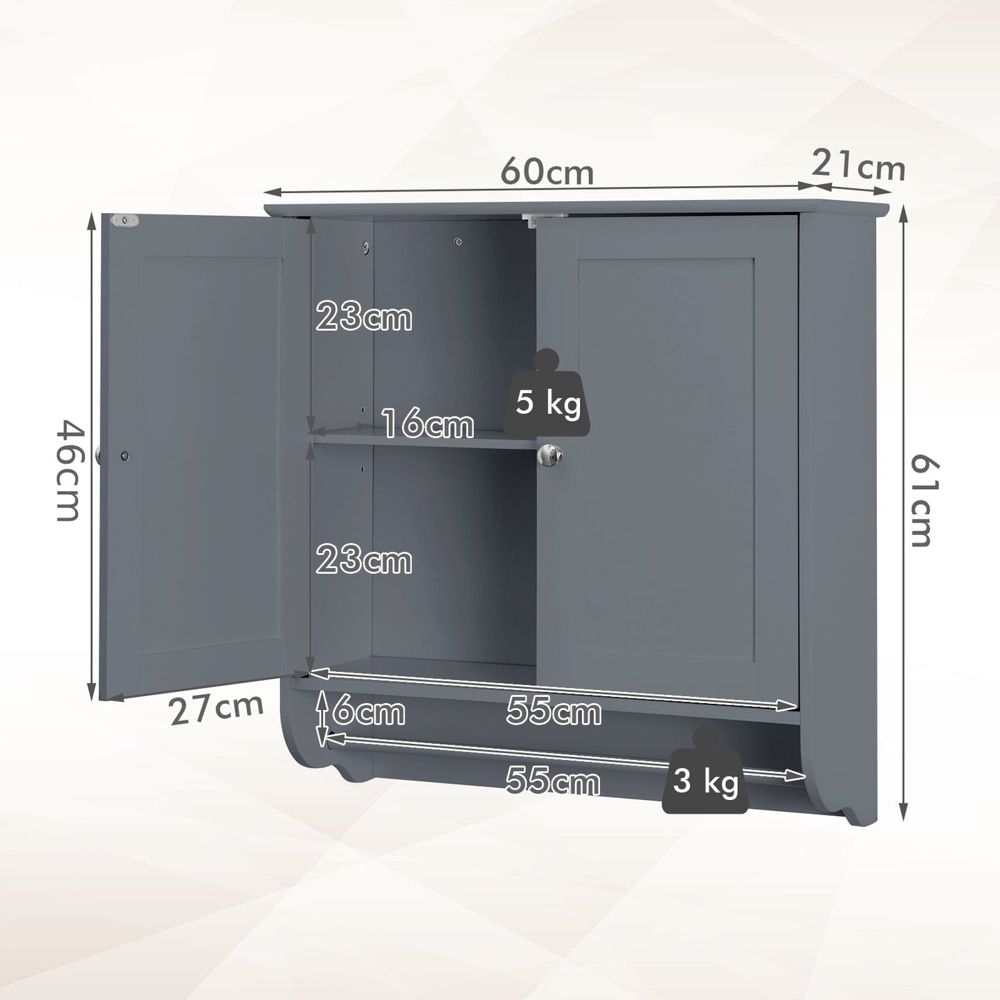 Wall Mounted Bathroom Cabinet with Adjustable Shelf-Grey