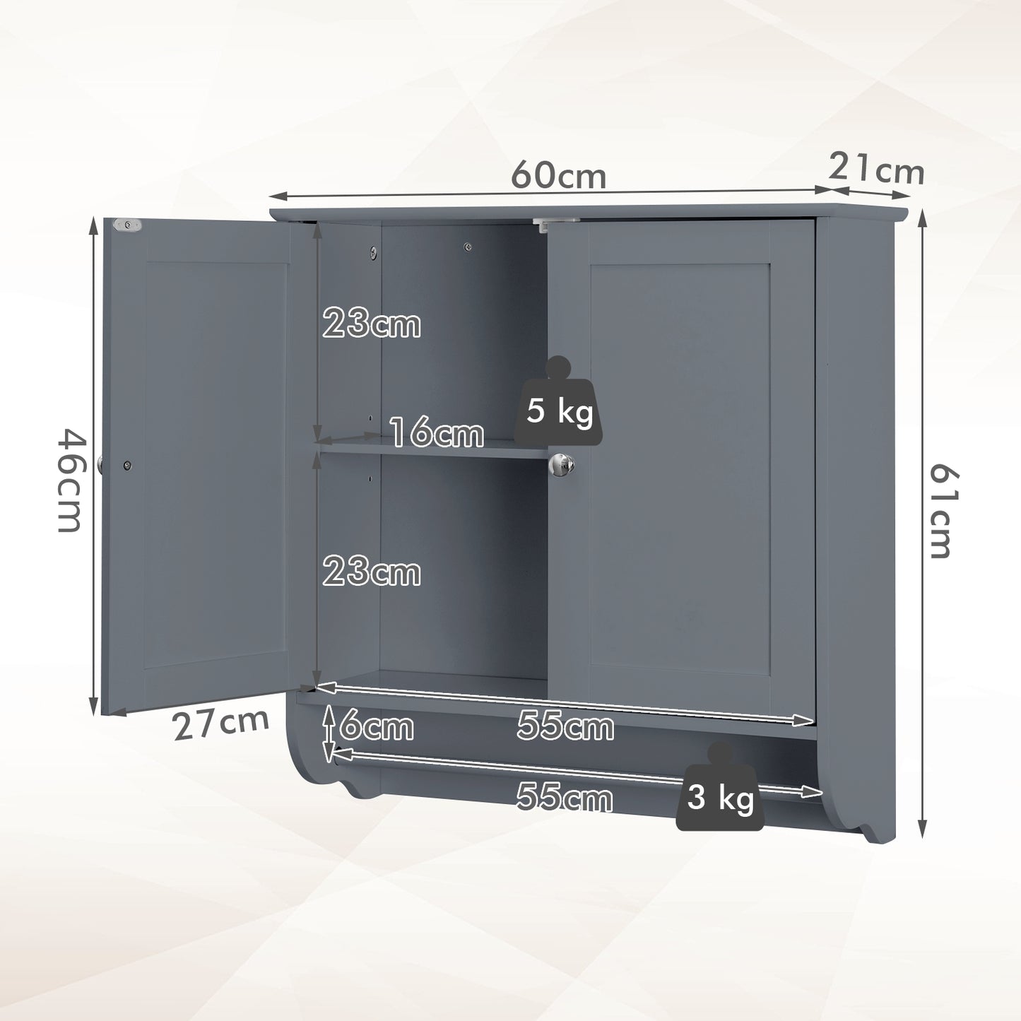 Wall Mounted Bathroom Cabinet with Adjustable Shelf-Grey