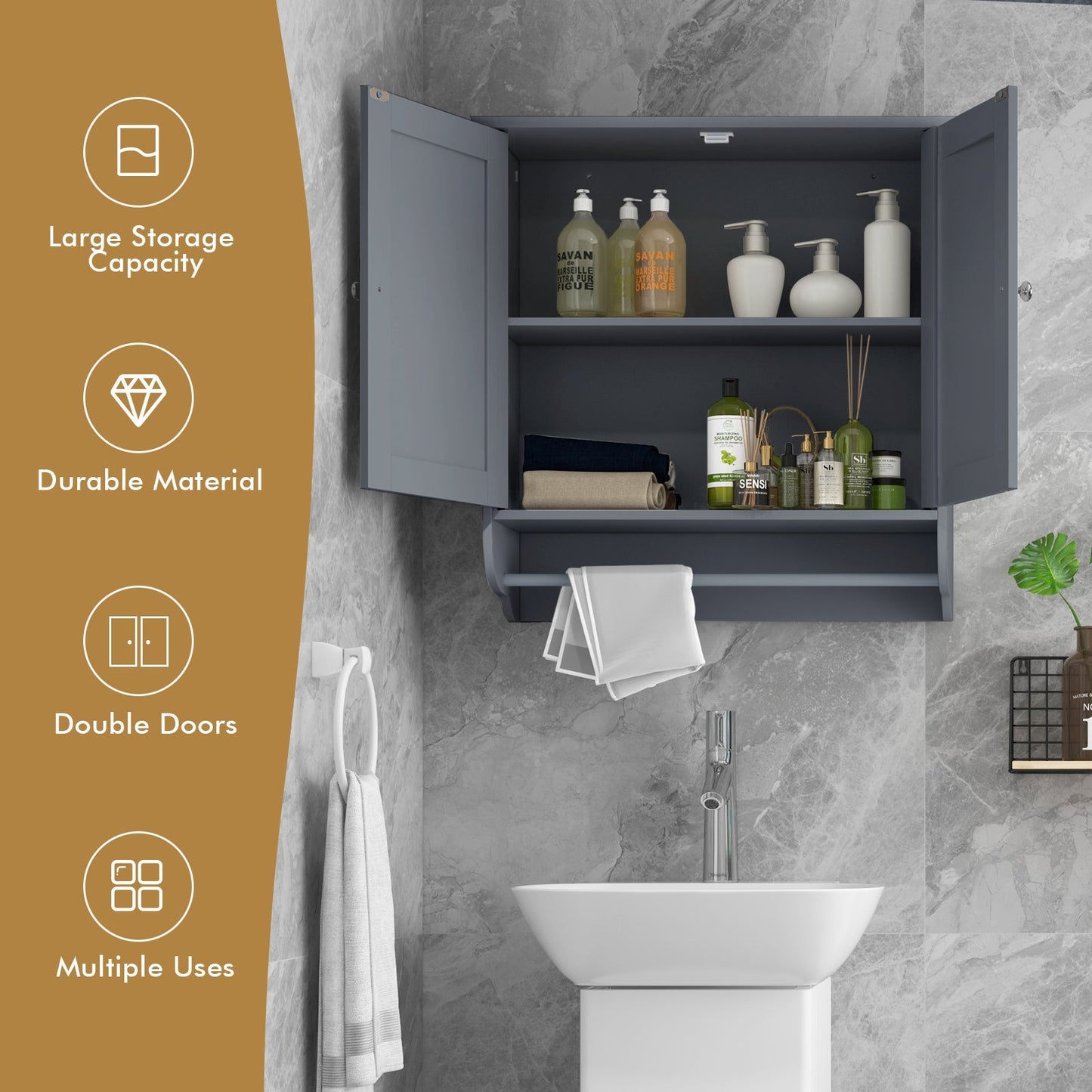 Wall Mounted Bathroom Cabinet with Adjustable Shelf-Grey