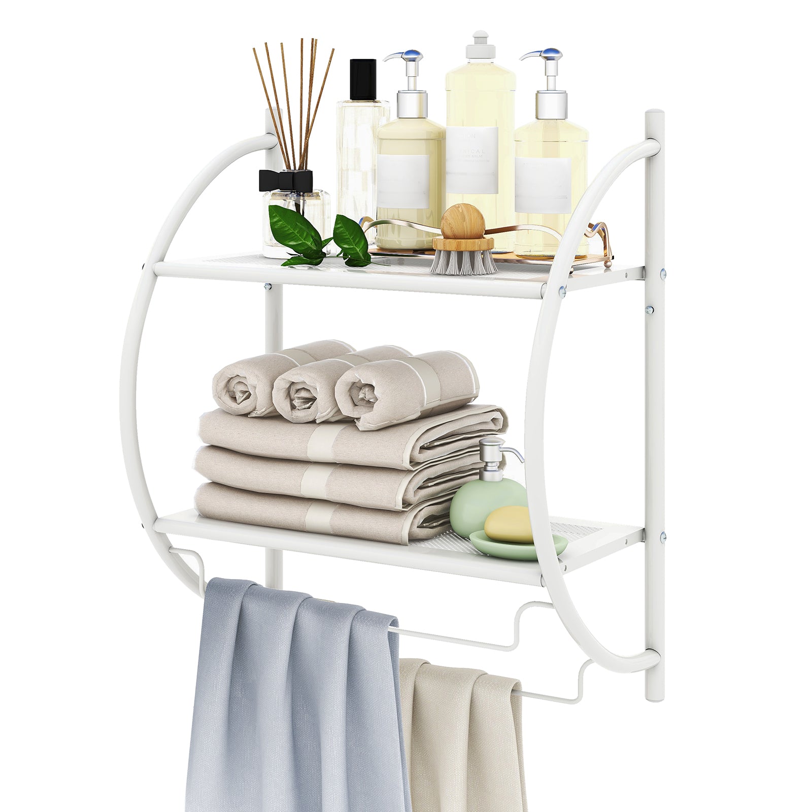 Wall Mounted Bathroom Shelves with Towel Holder-White