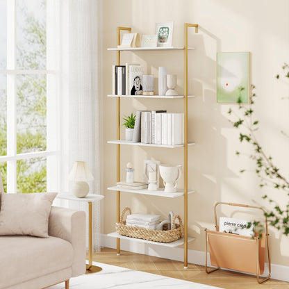 5-Tier Wall Mounted Bookcase with Metal Frame and Adjustable Foot Pads-White