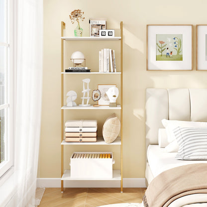 5-Tier Wall Mounted Bookcase with Metal Frame and Adjustable Foot Pads-White