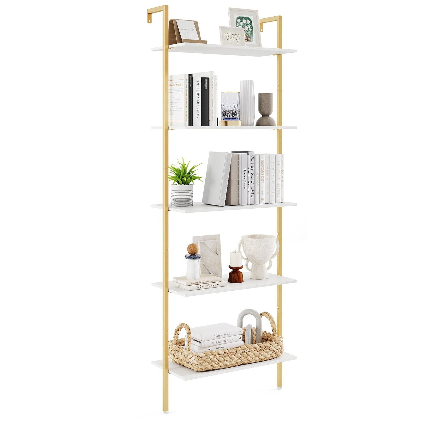 5-Tier Wall Mounted Bookcase with Metal Frame and Adjustable Foot Pads-White