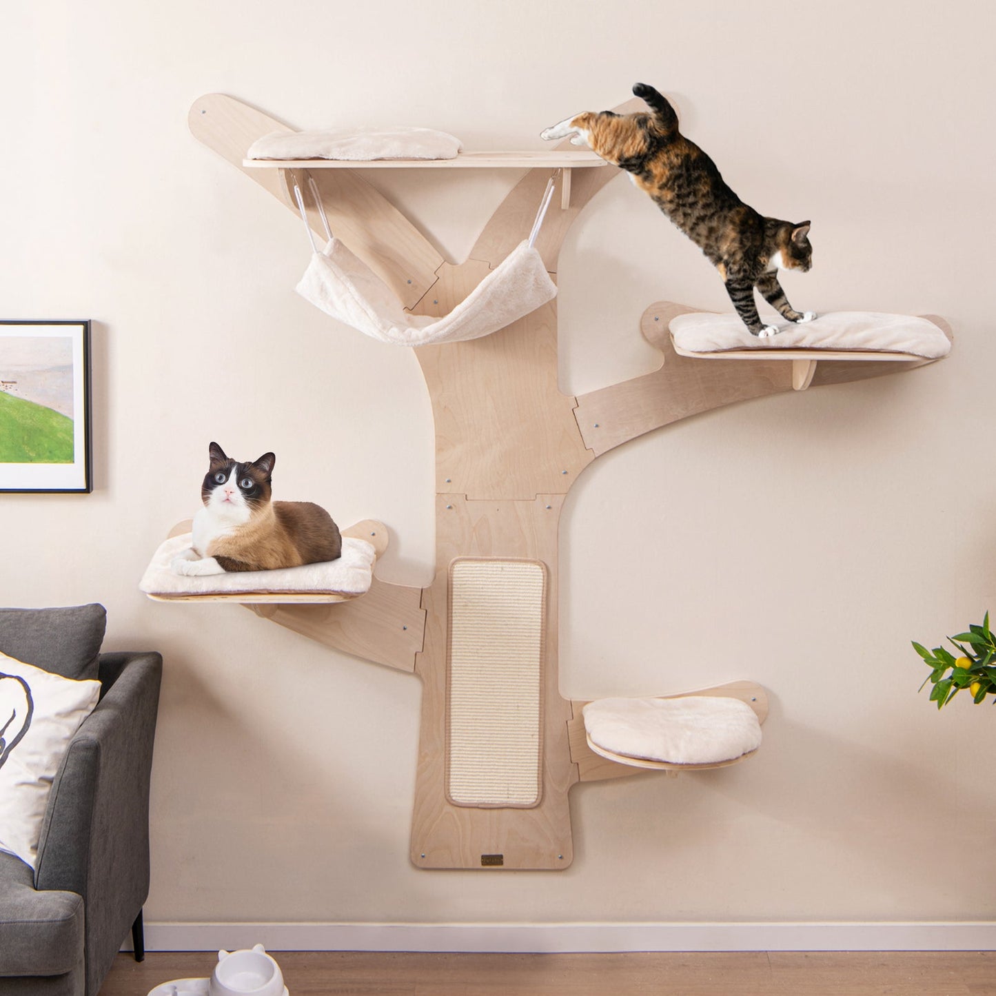 Wall-Mounted Cat Tower with Hammock-Natural