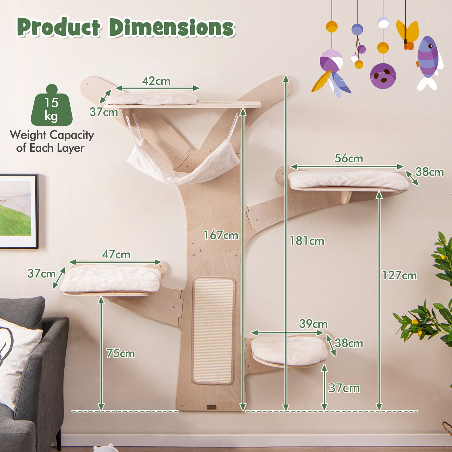 Wall-Mounted Cat Tower with Hammock-Natural