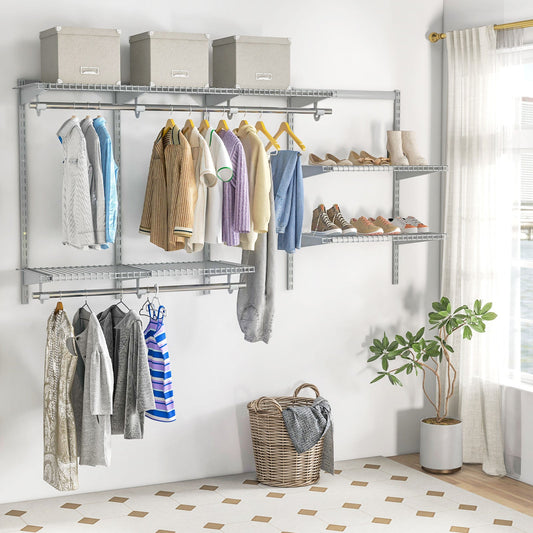 Wall-Mounted Closet Organizer System with Wire Shelving and Cloth Rods-Grey