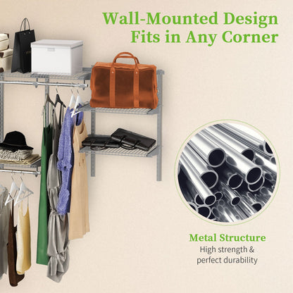 Wall-Mounted Closet Organizer System with Wire Shelving and Cloth Rods-Grey