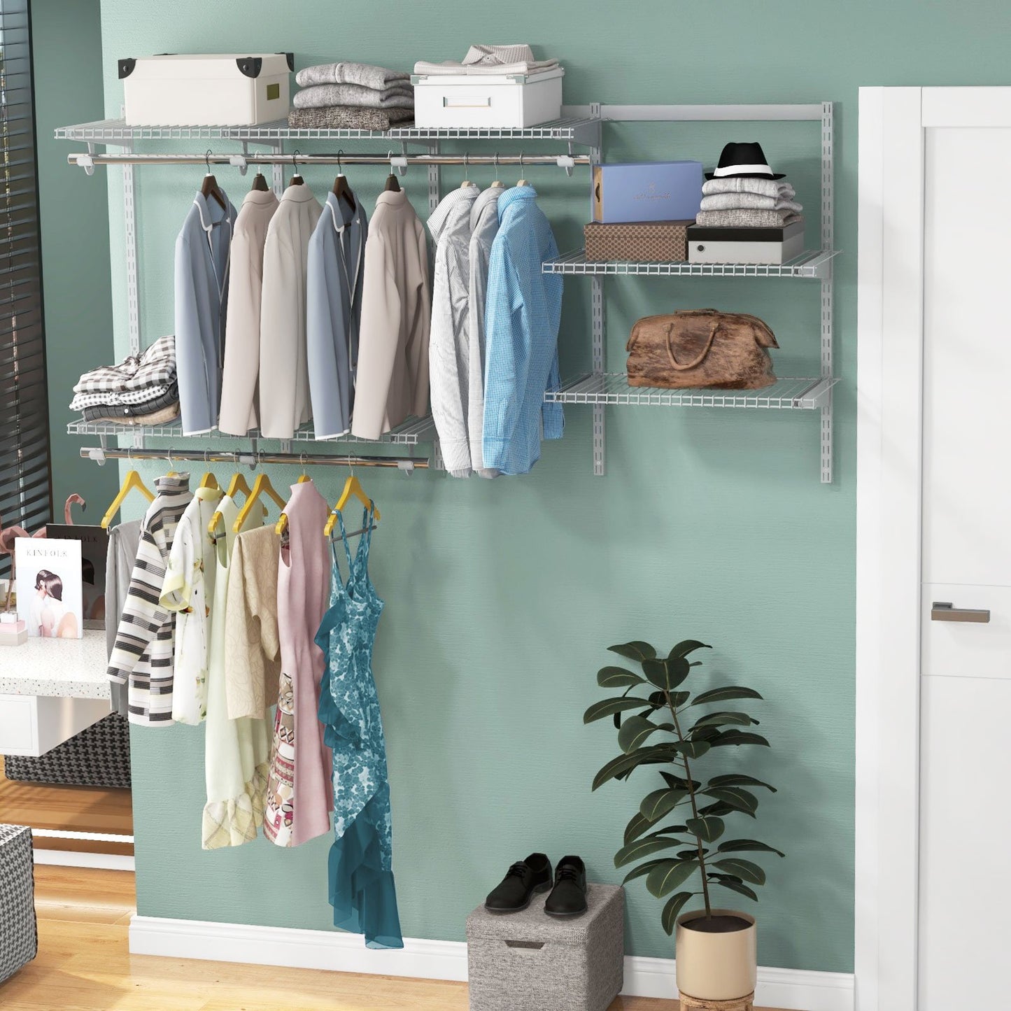Wall-Mounted Closet Organizer System with Wire Shelving and Cloth Rods-Grey