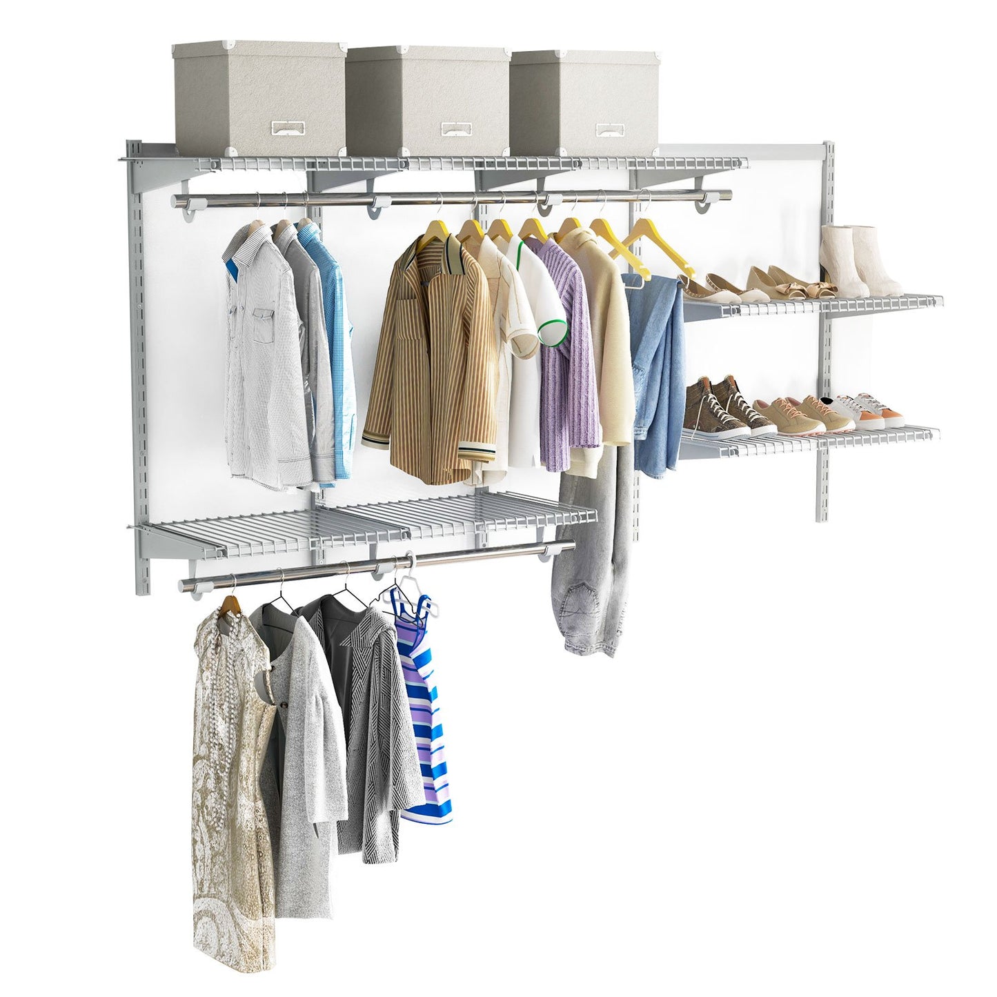 Wall-Mounted Closet Organizer System with Wire Shelving and Cloth Rods-Grey