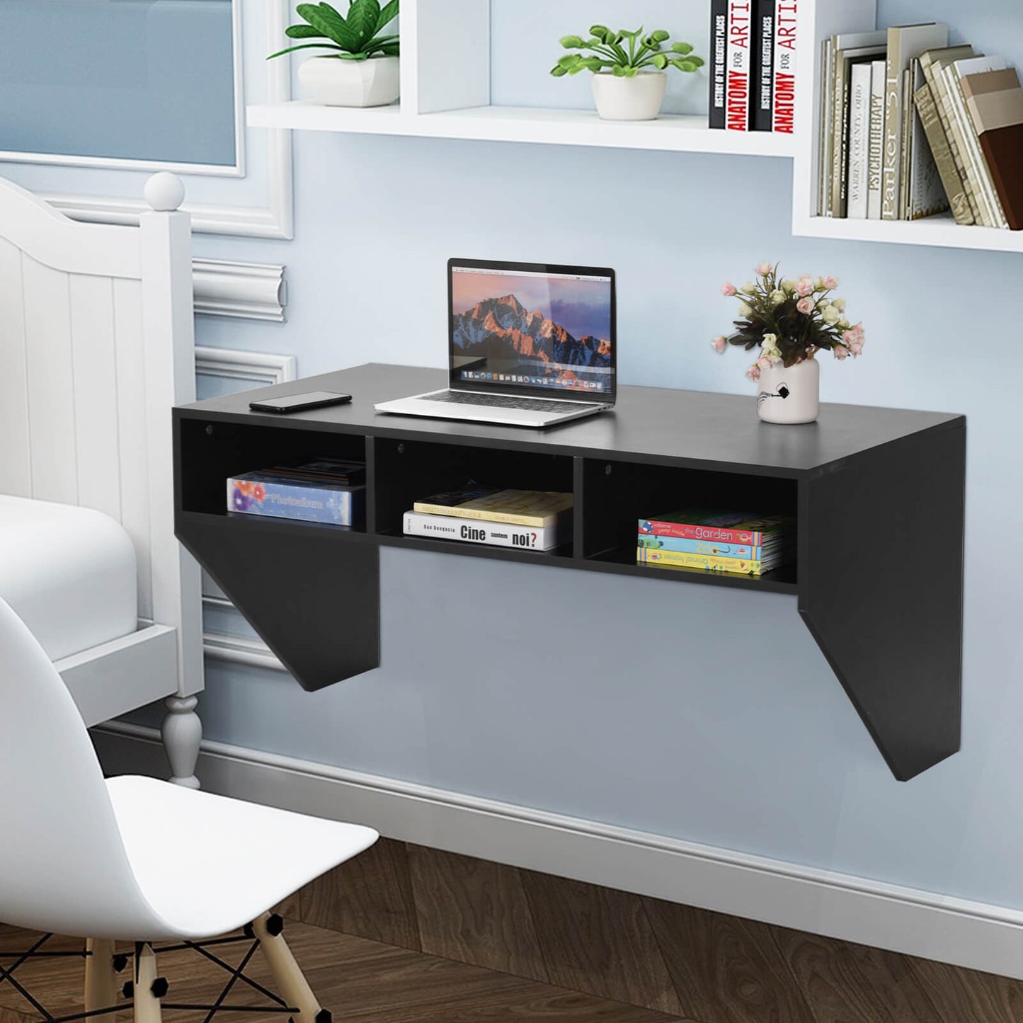 Wall Mounted Computer Desk with 3 Storage Compartments-Black