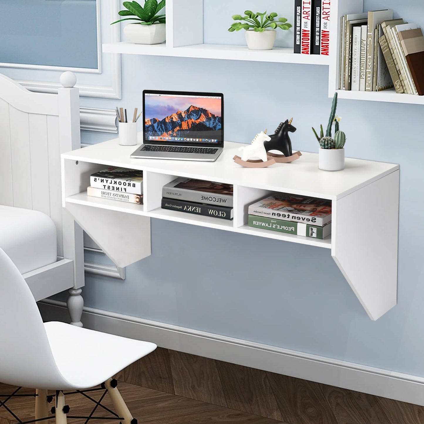 Wall Mounted Computer Desk with 3 Storage Compartments-White