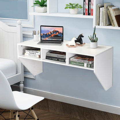 Wall Mounted Computer Desk with 3 Storage Compartments-White